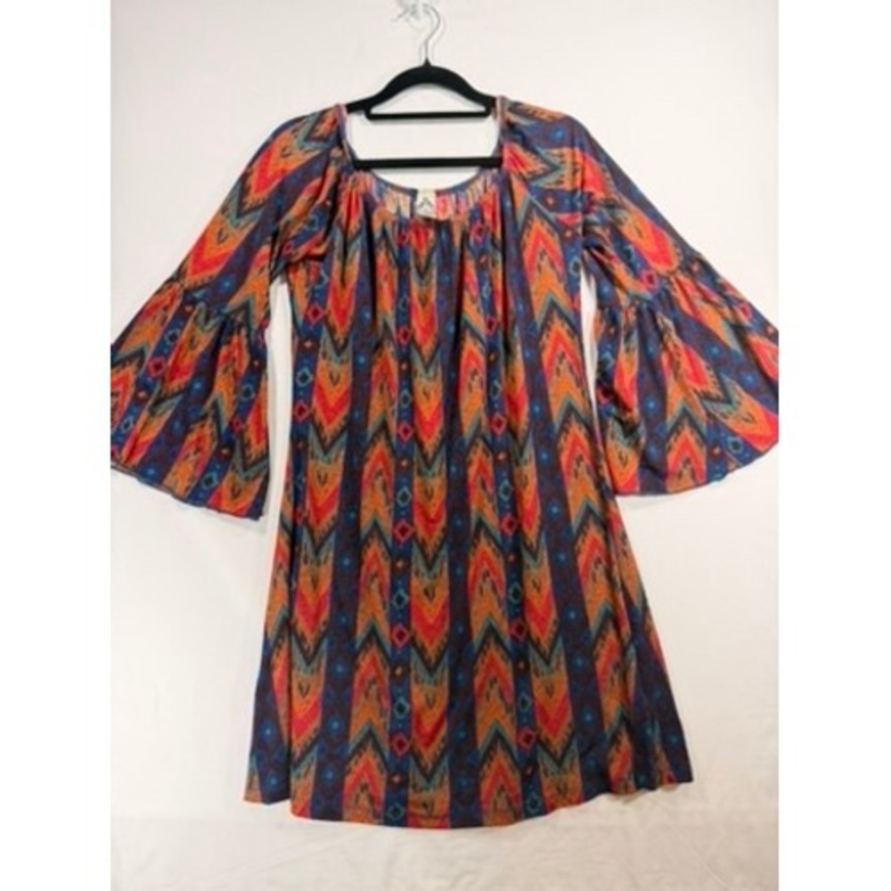 2B Together Boho Mini Dress Womens S Multicolor Excellent Bell Sleeve Geometric